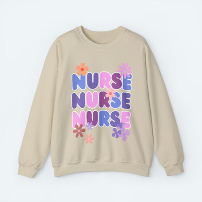 Sweatshirt S / Sand Nurse Floral Pattern Crewneck Sweatshirt