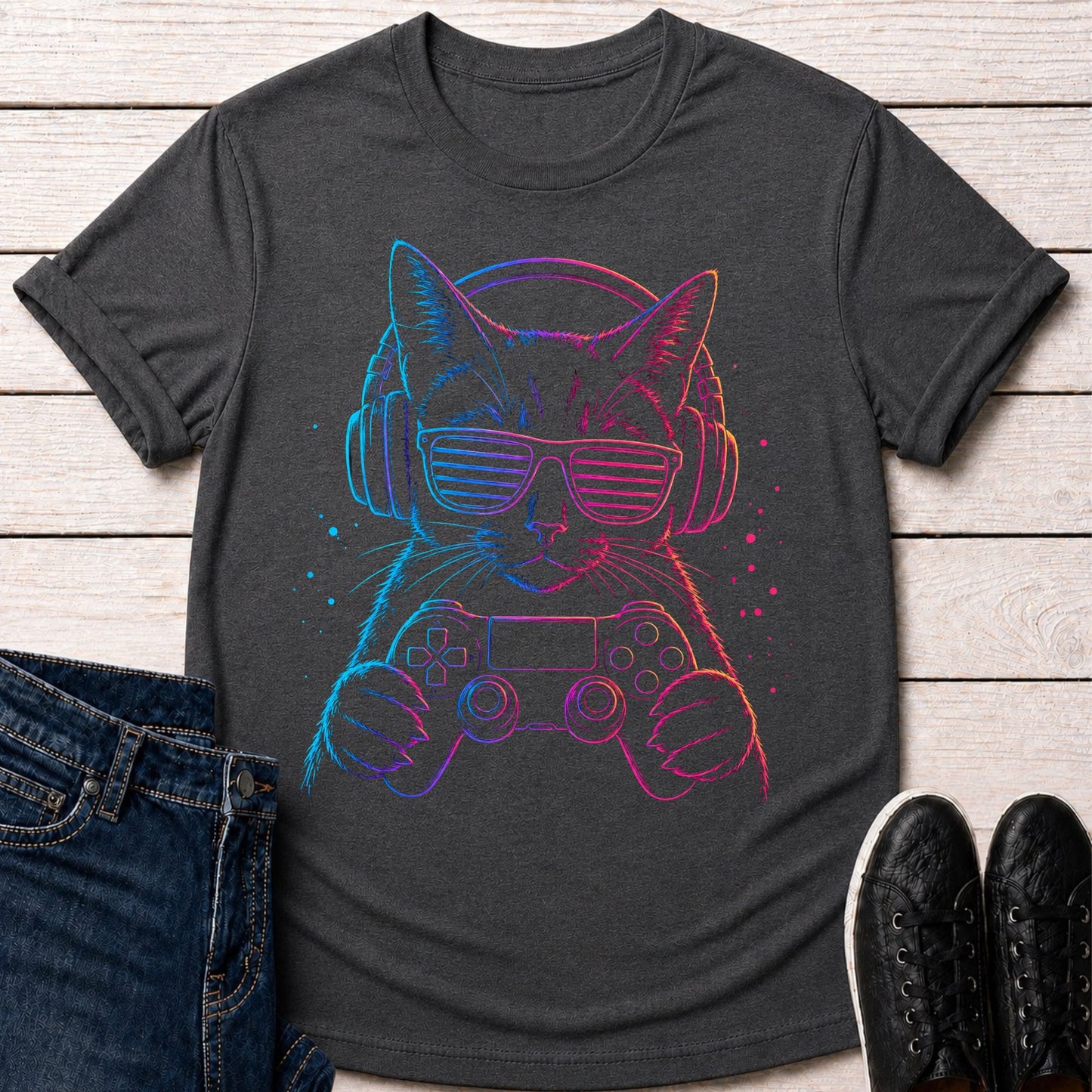 T-Shirt Dark Grey Heather / S Neon Gaming Cat T-shirt