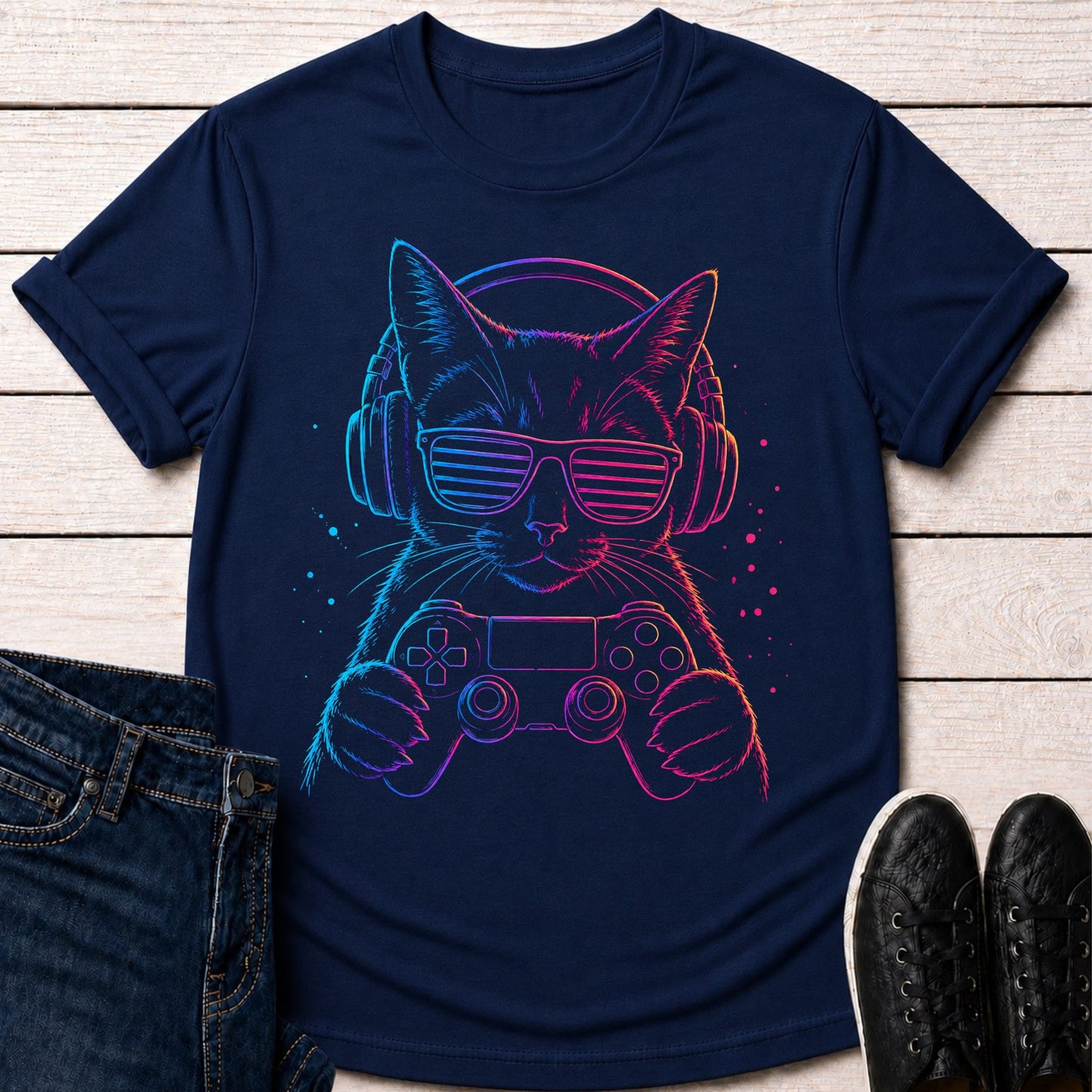 T-Shirt Navy / S Neon Gaming Cat T-shirt