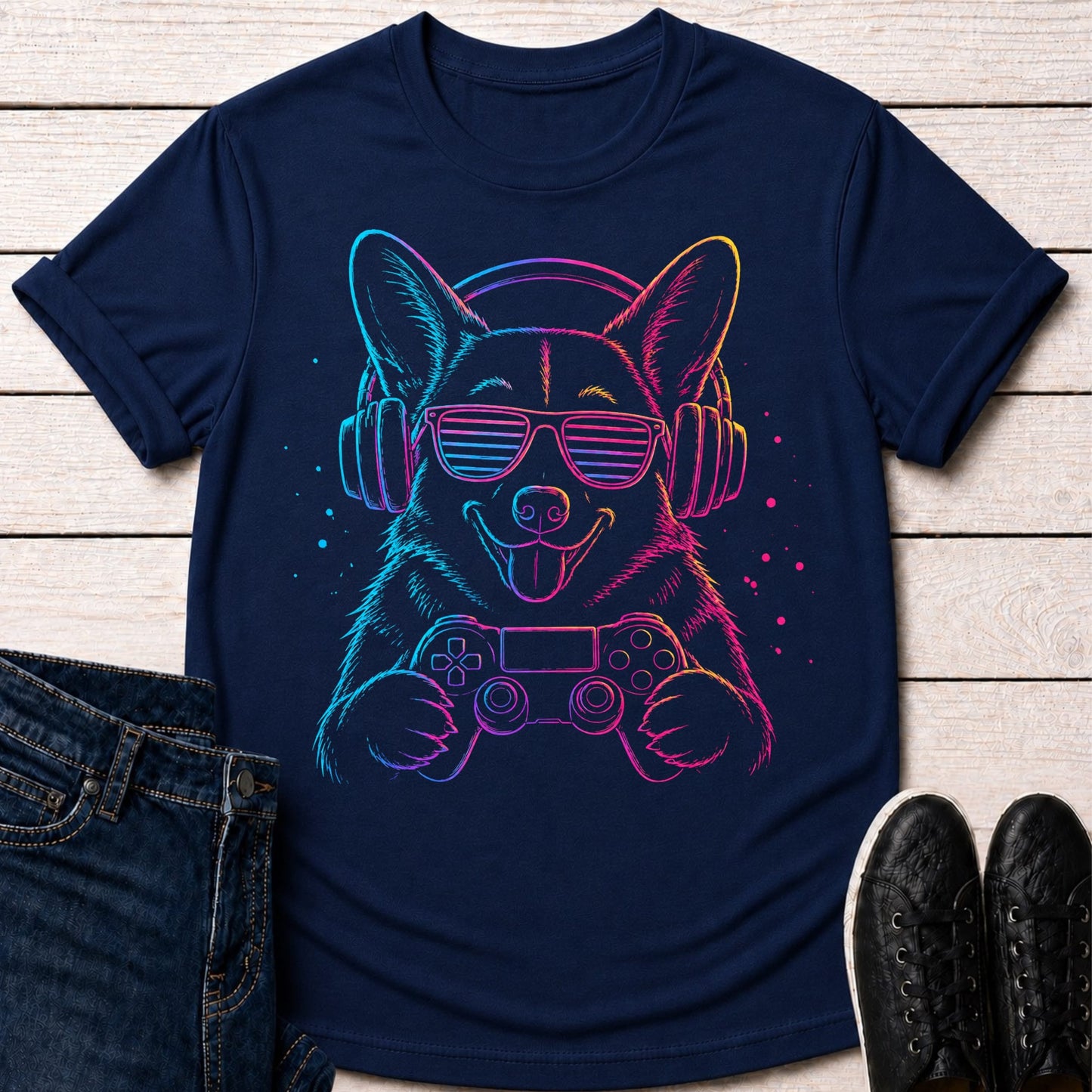 T-Shirt Navy / S Neon Gaming Dog T-shirt